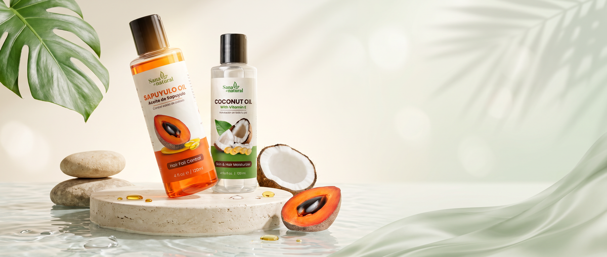 Sapuyulo hair oil and coconut oil with vitamin E on a stone pedestal by the water