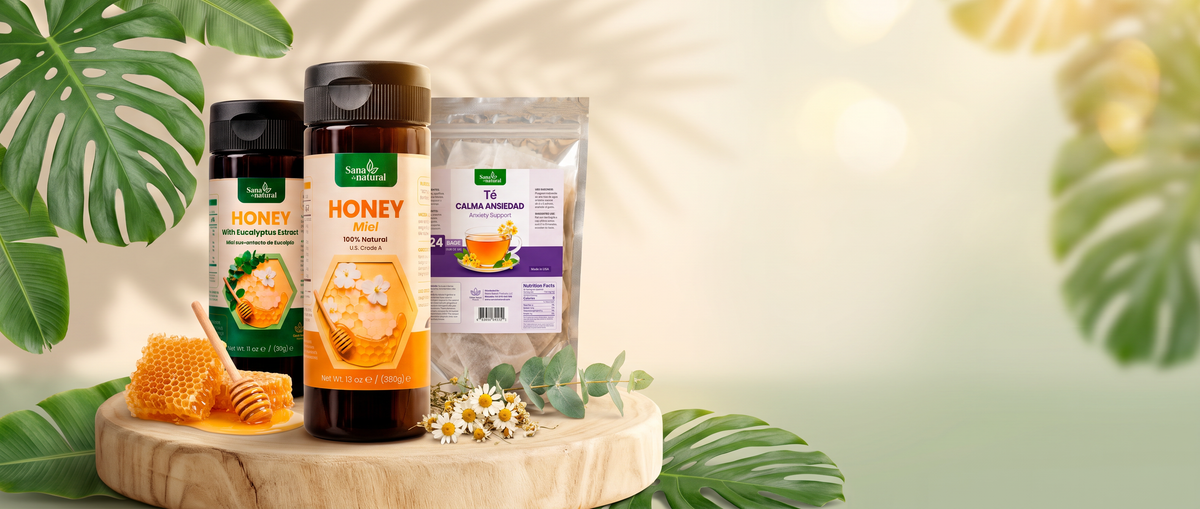 Honey, honey with eucalyptus extract and Calm Anxiety tea on a wooden board with honeycomb and chamomile