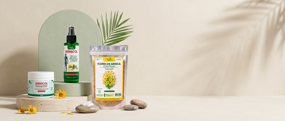 Arnicol cream, Arnicol spray and a bag of arnica flowers on stone pedestals